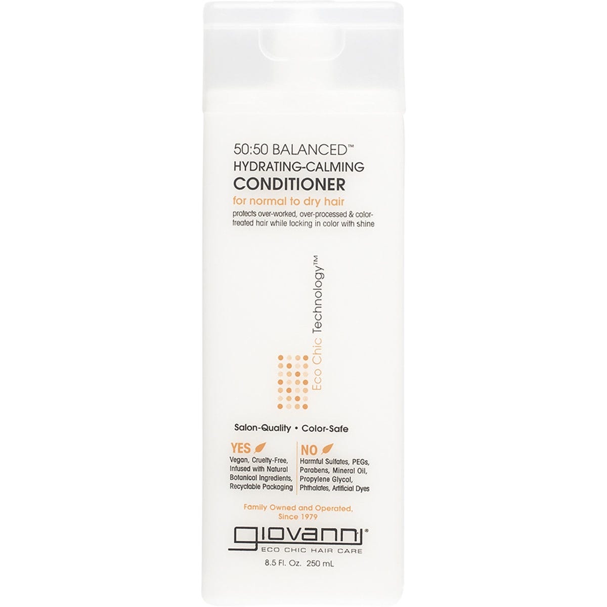 250ml bottle of Giovanni 50:50 Balanced Hydrating-Calming Conditioner for normal to dry hair on a white background.