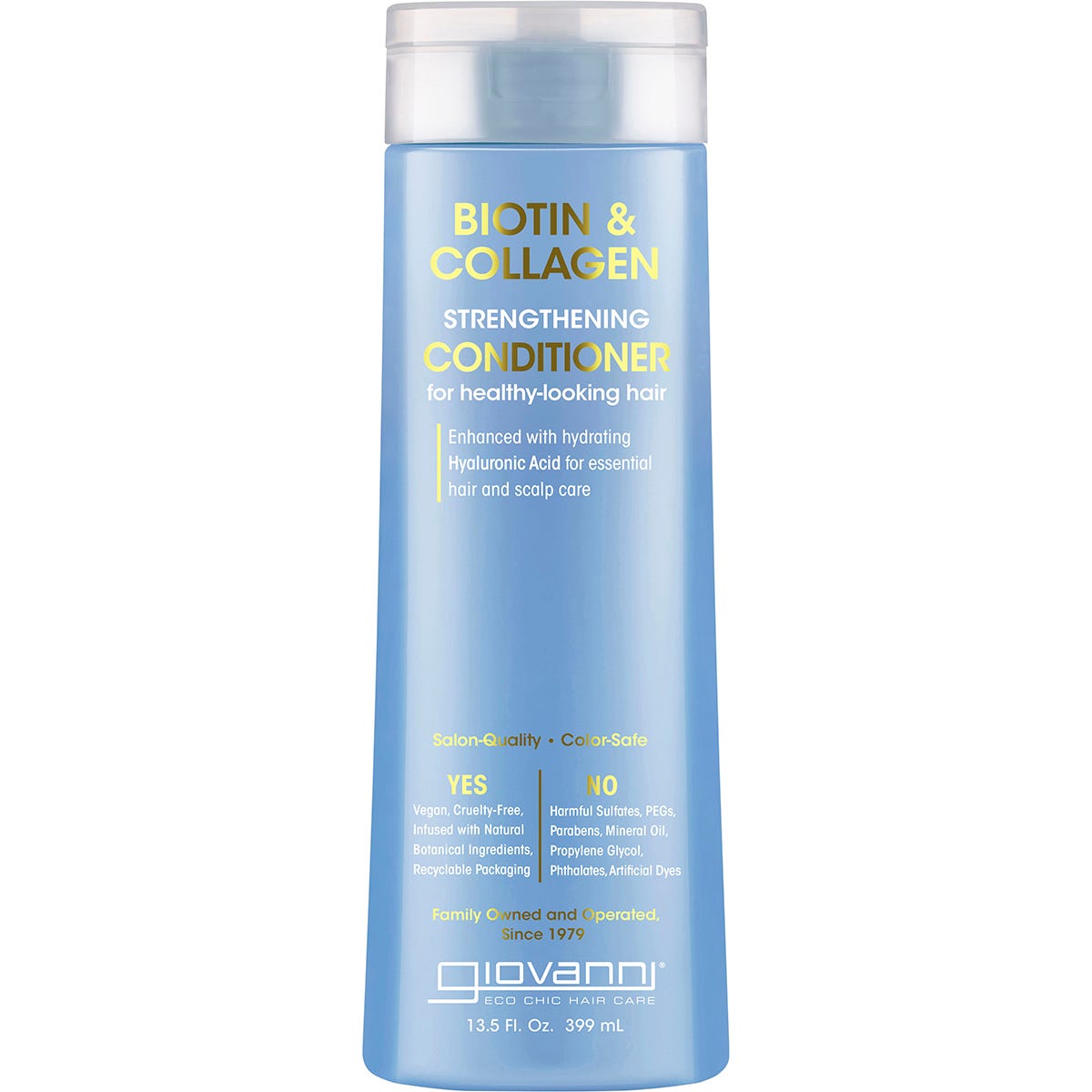 Giovanni Biotin & Collagen Strengthening Conditioner 399ml bottle with purple and pink botanical leaf illustrations.