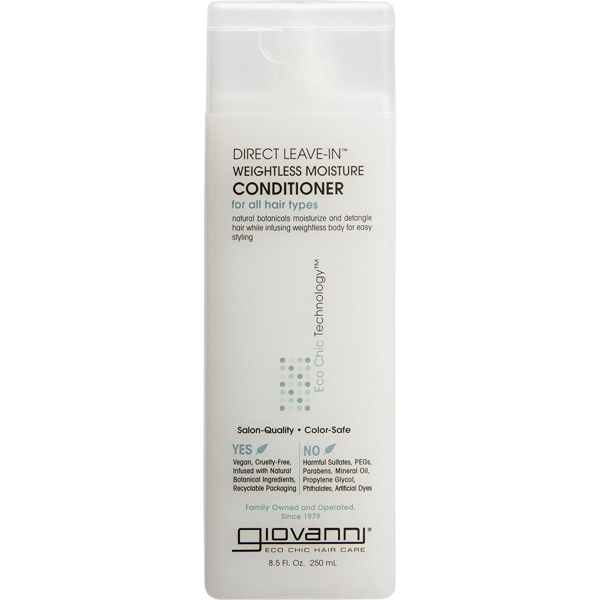 250ml bottle of Giovanni Direct Leave-In Weightless Moisture Conditioner for all hair types on a white background.