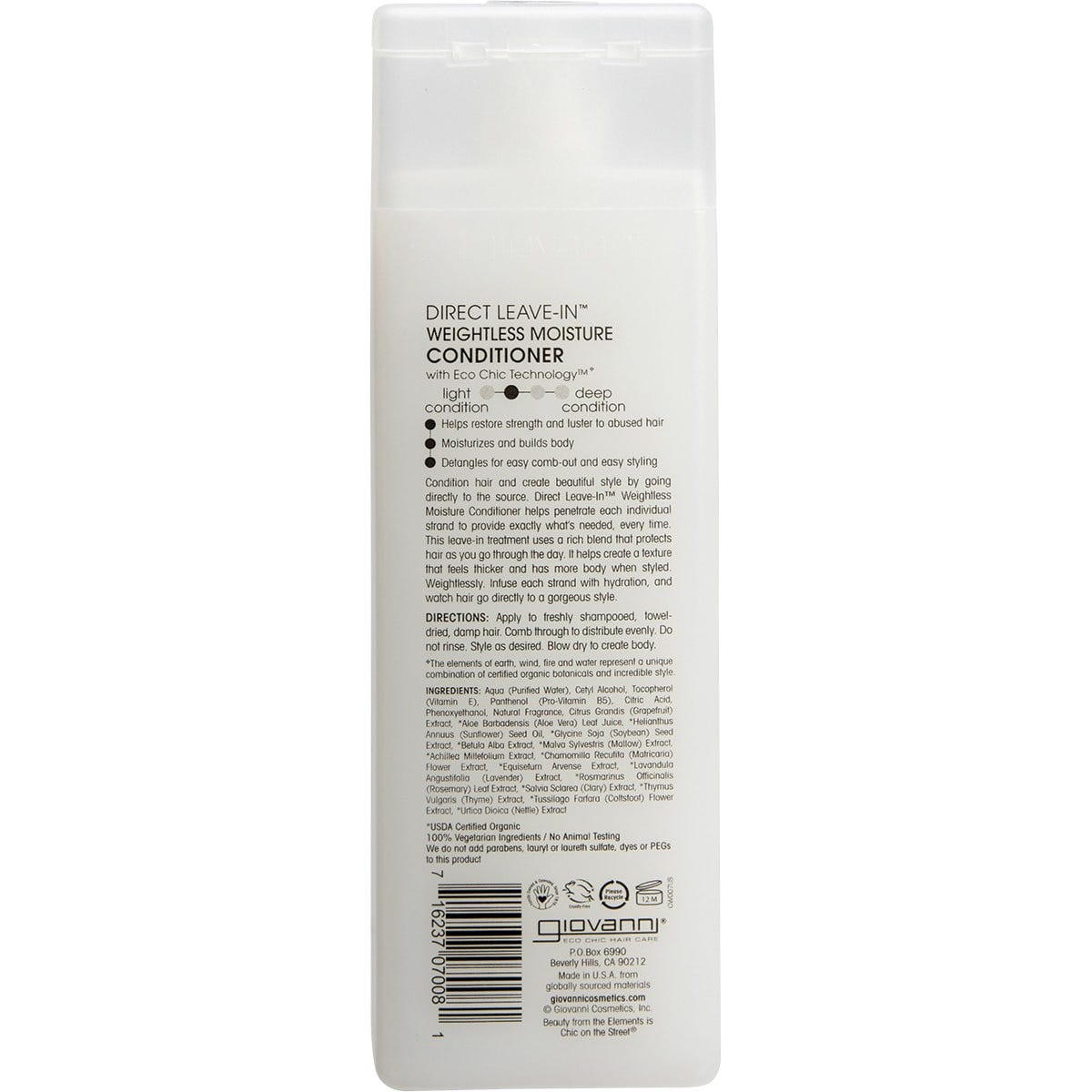 Back view of 250ml Giovanni Direct Leave-In Conditioner bottle with product details and directions on a white background.