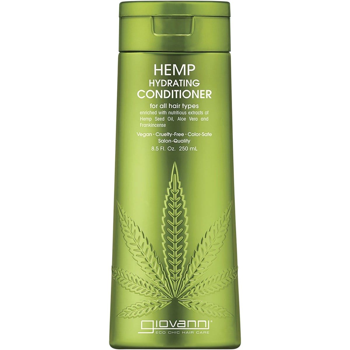 250ml bottle of Giovanni Hemp Hydrating Conditioner featuring a green leaf design on a white background.