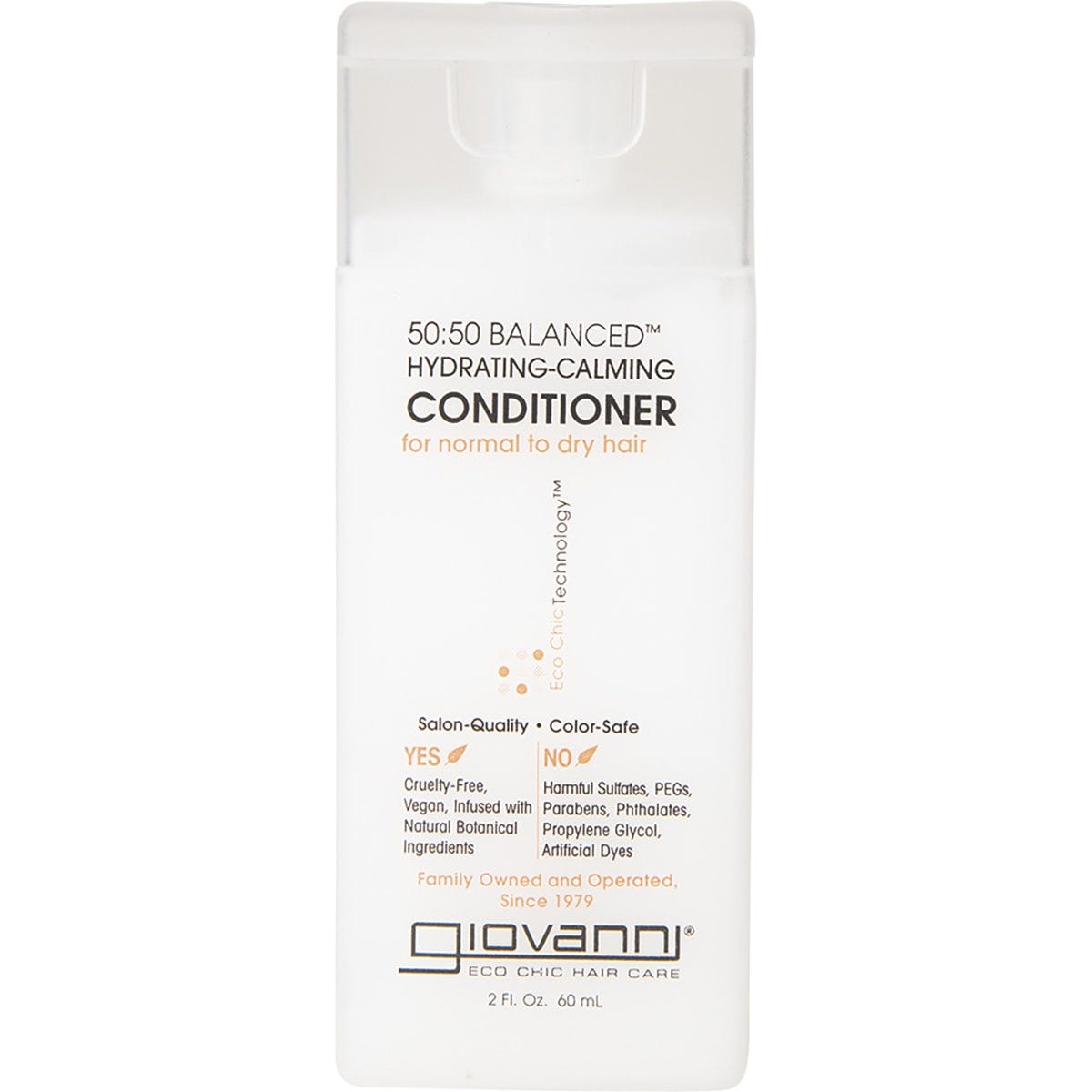 60ml bottle of Giovanni 50/50 Balanced Hydrating-Calming Conditioner for normal to dry hair on a white background.