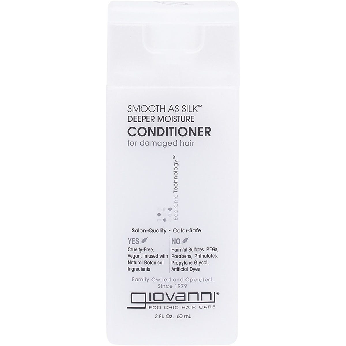 60ml mini bottle of Giovanni Smooth As Silk Deeper Moisture Conditioner for damaged hair with a white cap and clean label.