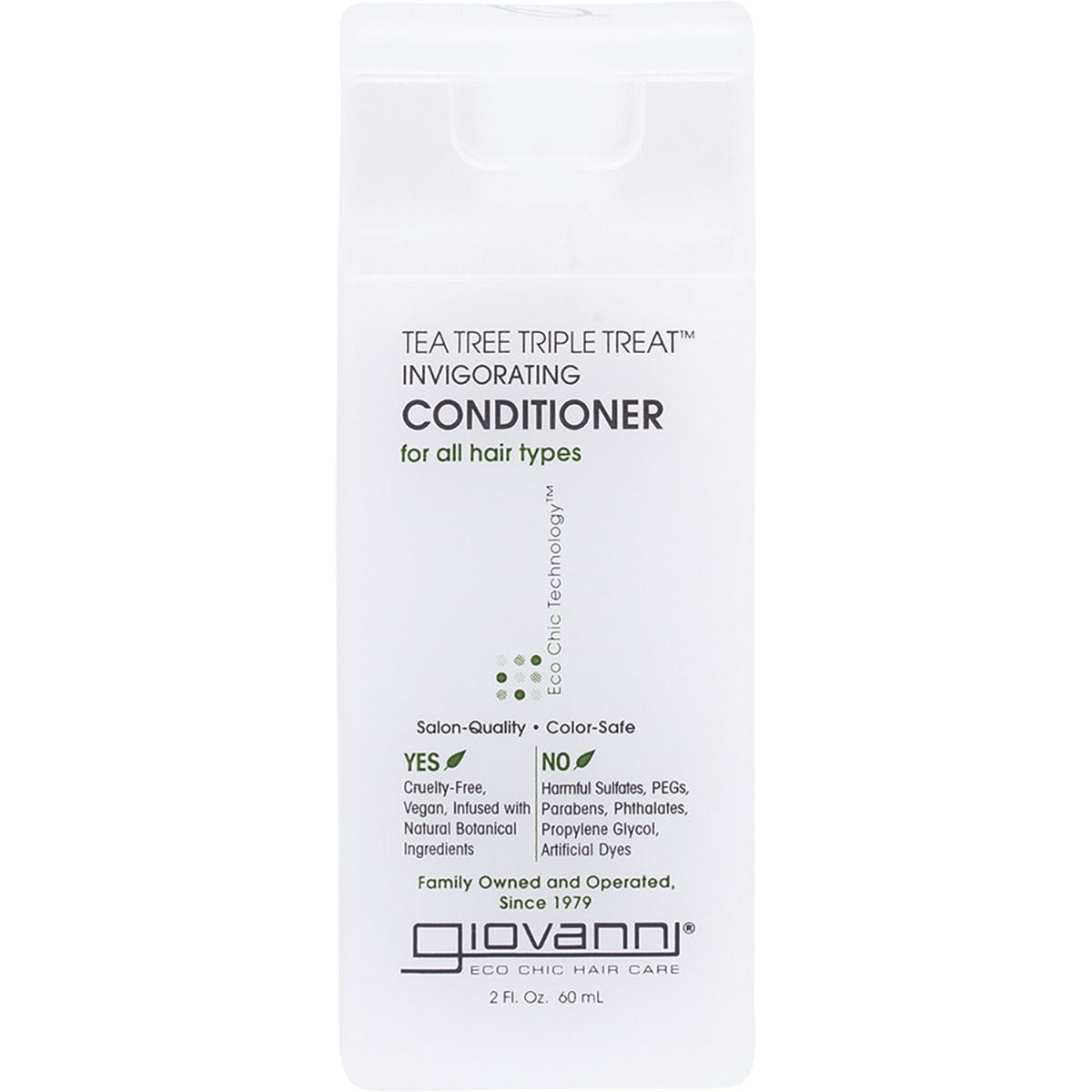 60ml bottle of Giovanni Tea Tree Triple Treat Invigorating Conditioner for all hair types on a white background.