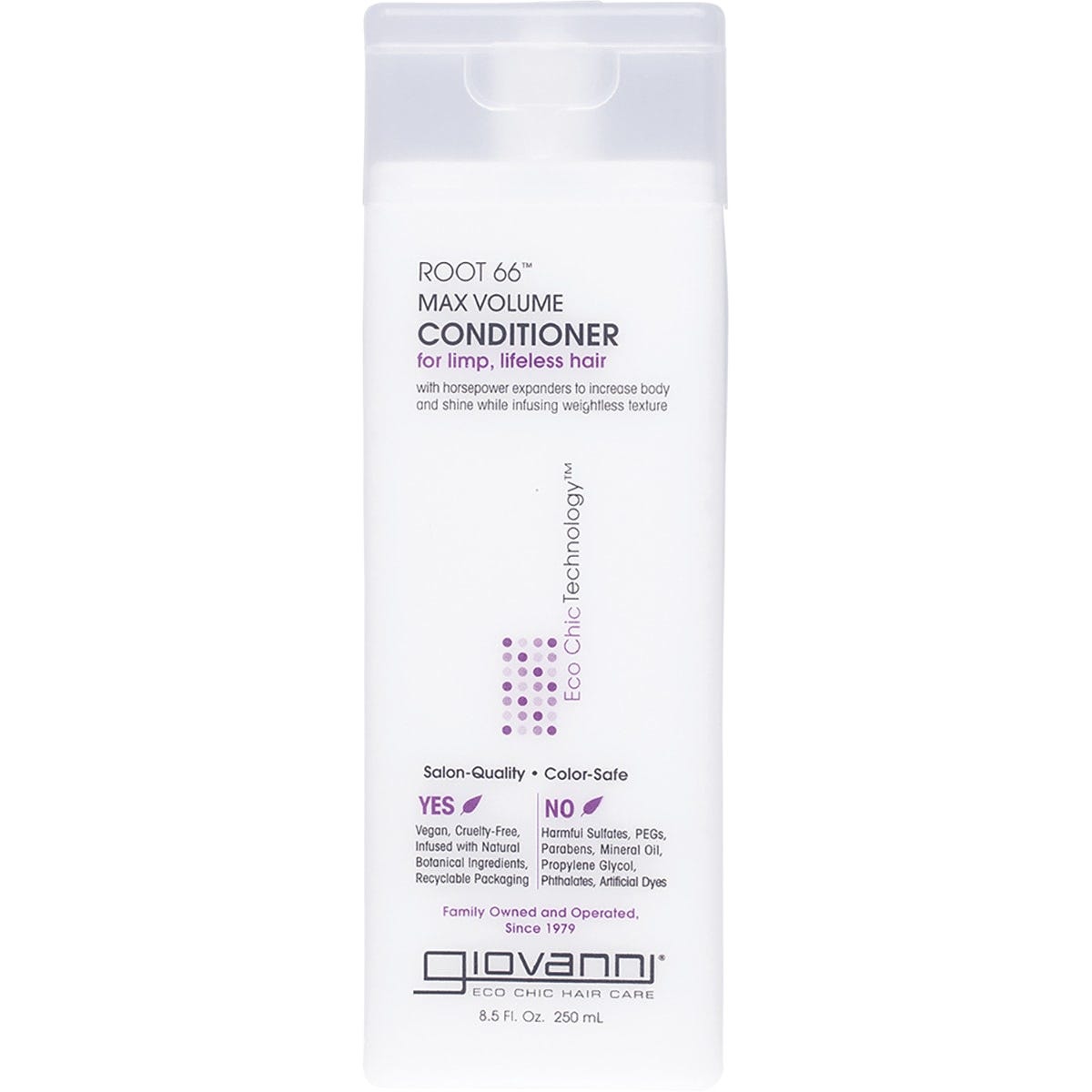 250ml bottle of Giovanni Root 66 Max Volume Conditioner for limp hair with horse-power expanders on a white background.