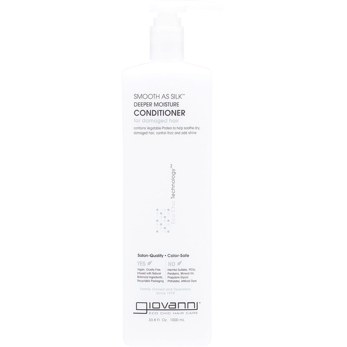 1L pump bottle of Giovanni Smooth As Silk Deeper Moisture Conditioner for damaged hair on a white background.