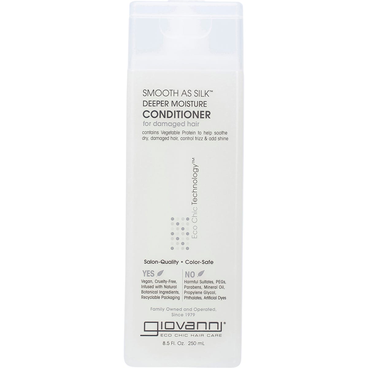 250ml bottle of Giovanni Smooth As Silk Deeper Moisture Conditioner for damaged hair with Eco Chic Technology.