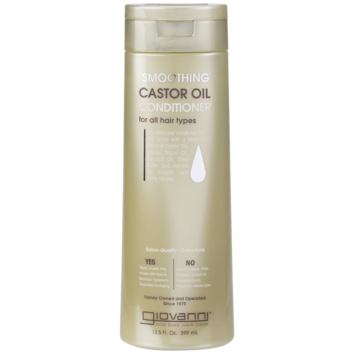 399ml bottle of Giovanni Smoothing Castor Oil Conditioner for all hair types with a white and gold label.