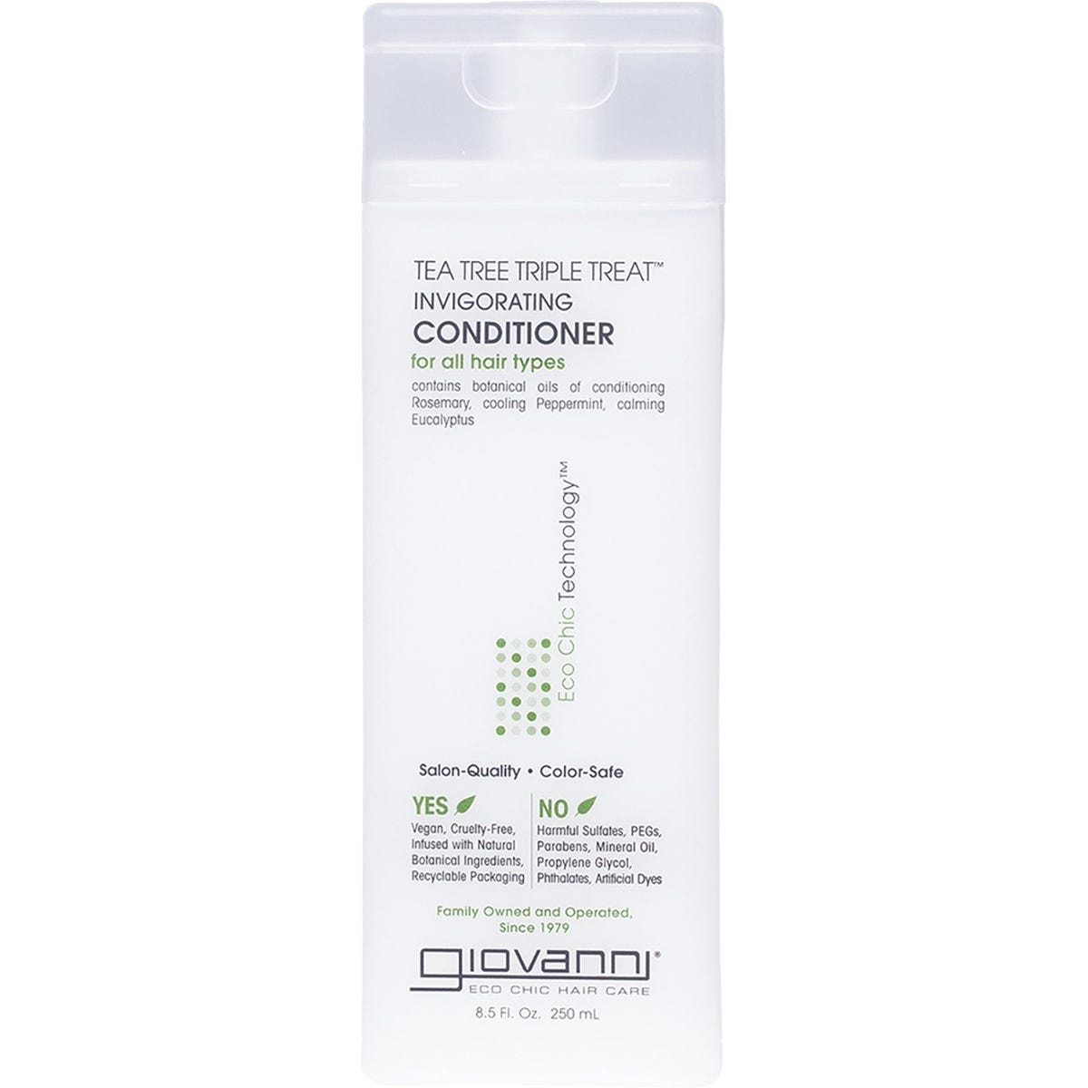 Giovanni Tea Tree Triple Treat Invigorating Conditioner 250ml bottle with a clear flip-top lid and botanical ingredients.