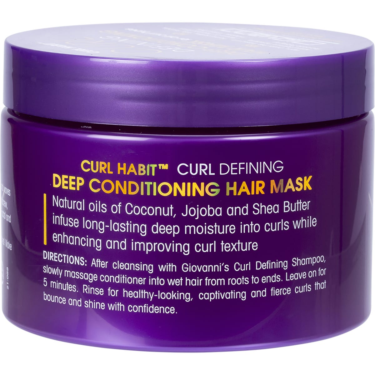Giovanni Curl Habit 295ml hair mask tub with purple and white labeling on a white background.