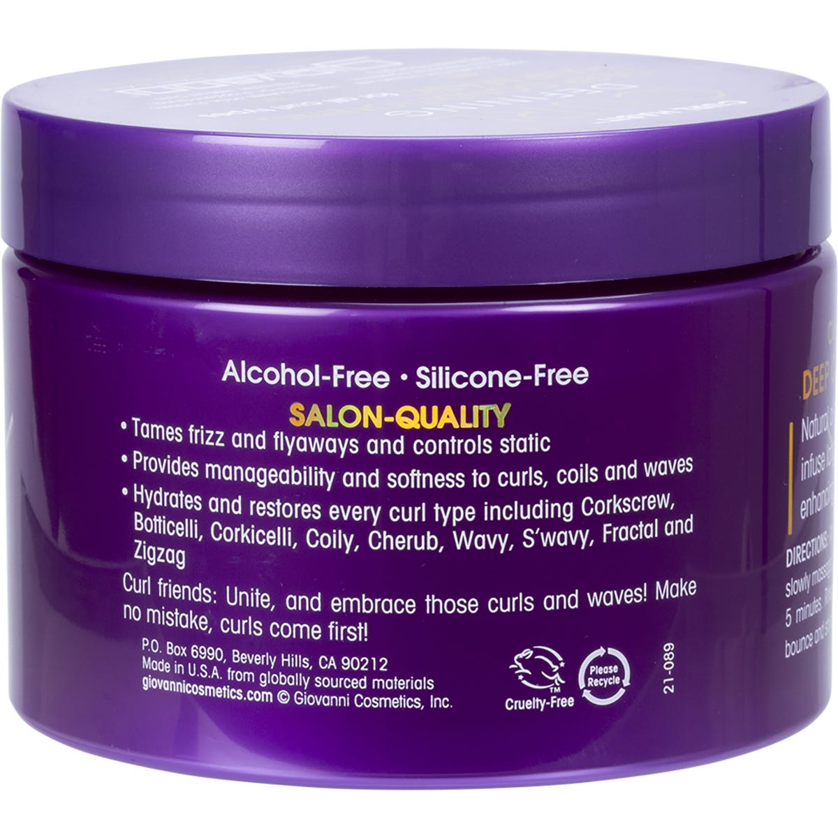 Back view of a Giovanni Curl Habit 295ml hair mask tub showing ingredients and directions for use.
