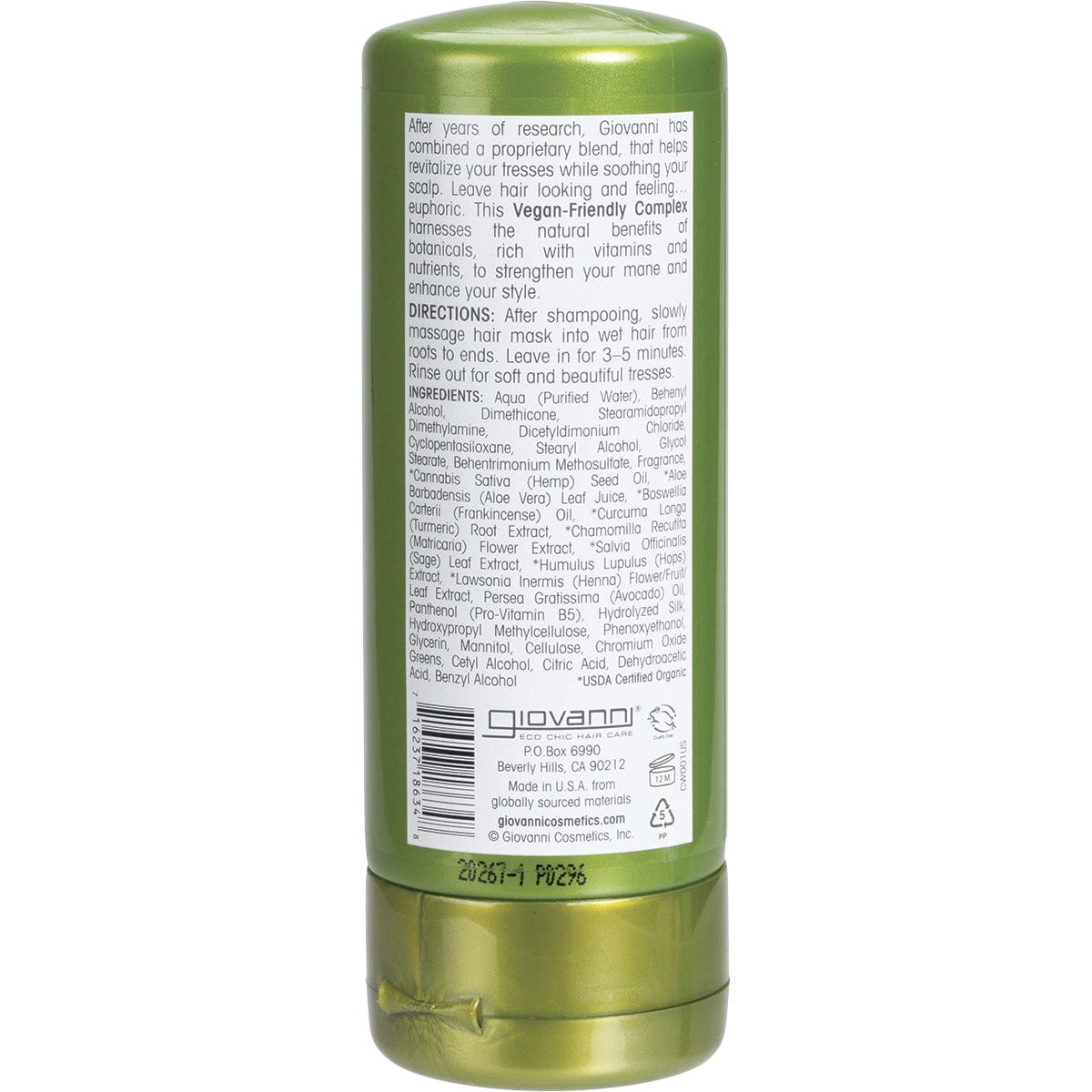 Giovanni Hemp Hydrating 147ml hair mask tube with botanical designs and product details on a white background.