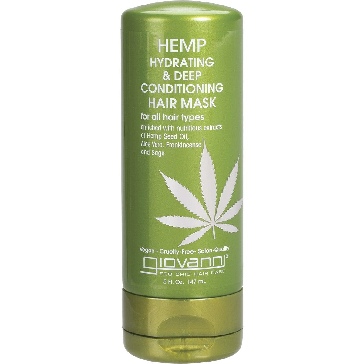 Giovanni Hemp Hydrating 147ml hair mask tube with green botanical designs and a white flip-top cap.