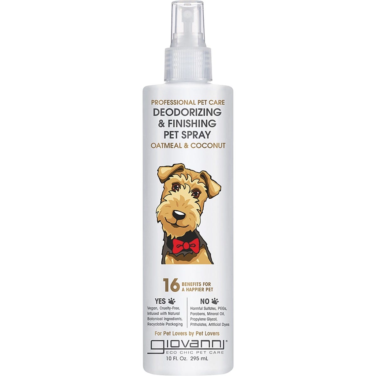 Giovanni 295ml oatmeal and coconut pet deodorizing spray in a white bottle with a green and brown botanical label.