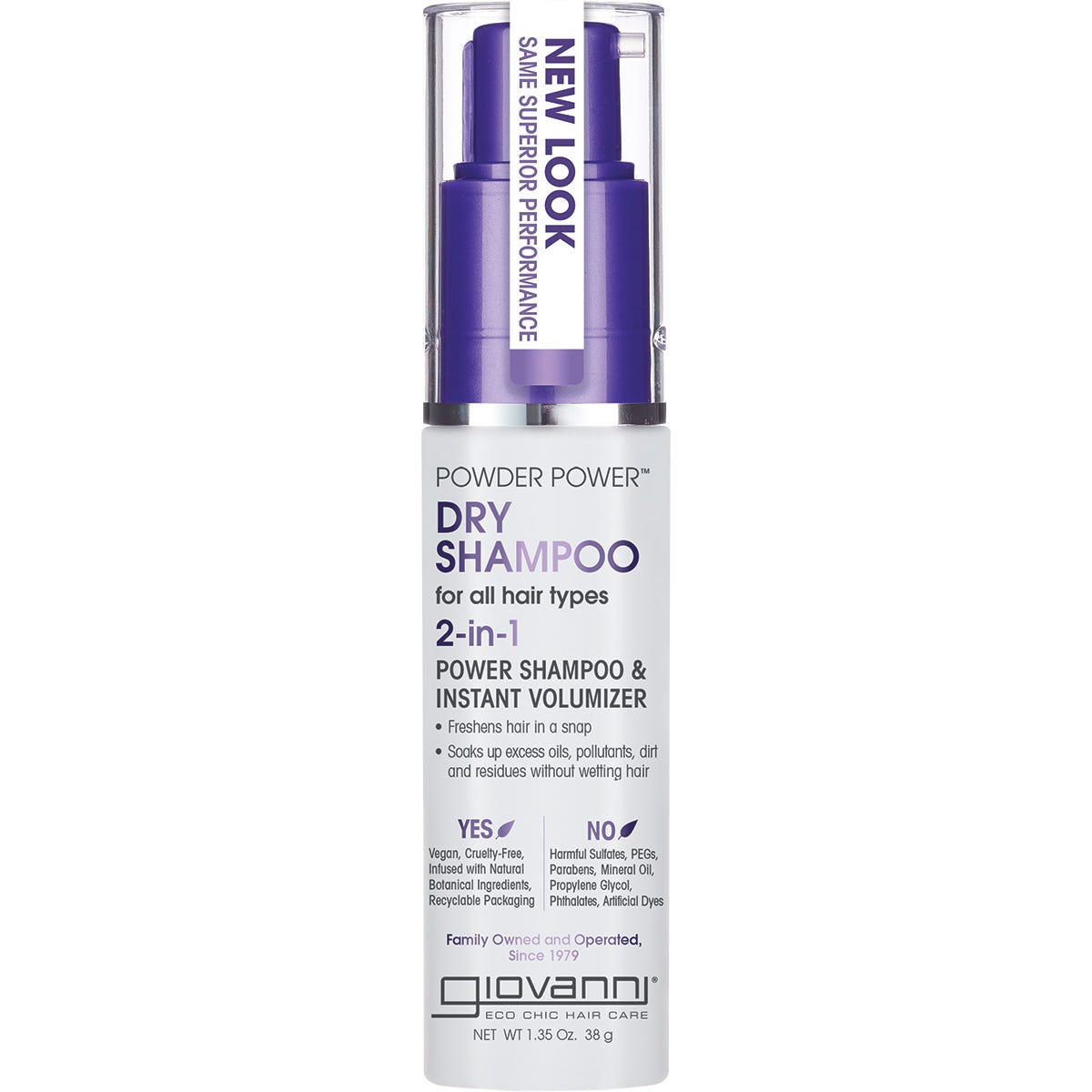 Giovanni Dry Shampoo Powder Power 50g bottle with a white puff applicator and Eco Chic Hair Care branding.