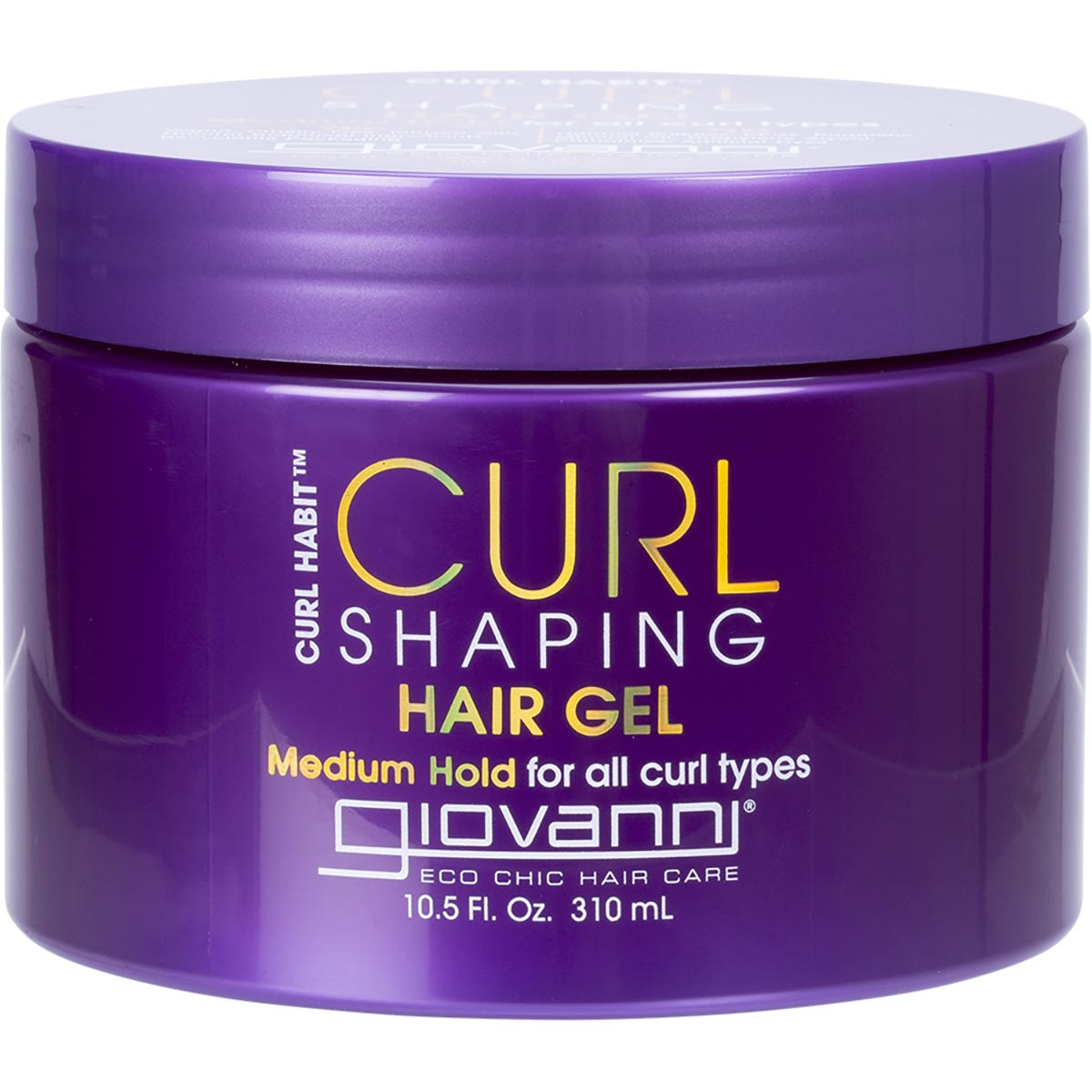 310ml jar of Giovanni Curl Habit Curl Shaping Hair Gel featuring coconut oil, jojoba, and shea butter.
