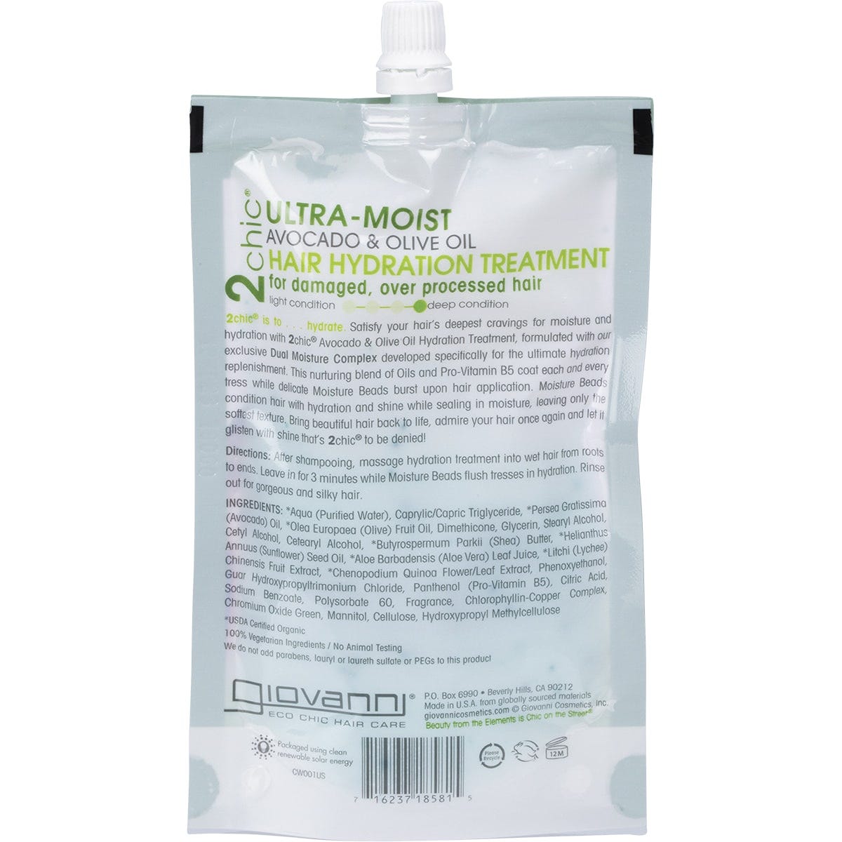 Giovanni 51ml avocado and olive oil hair hydration treatment packet for dry, damaged hair on a white background.
