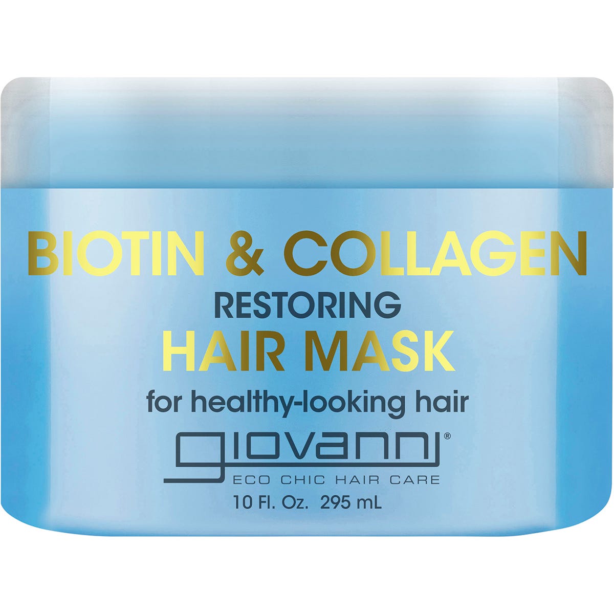 Giovanni Hair Mask Biotin & Collagen Restoring 295ml tub with purple and gold accents on a white background.