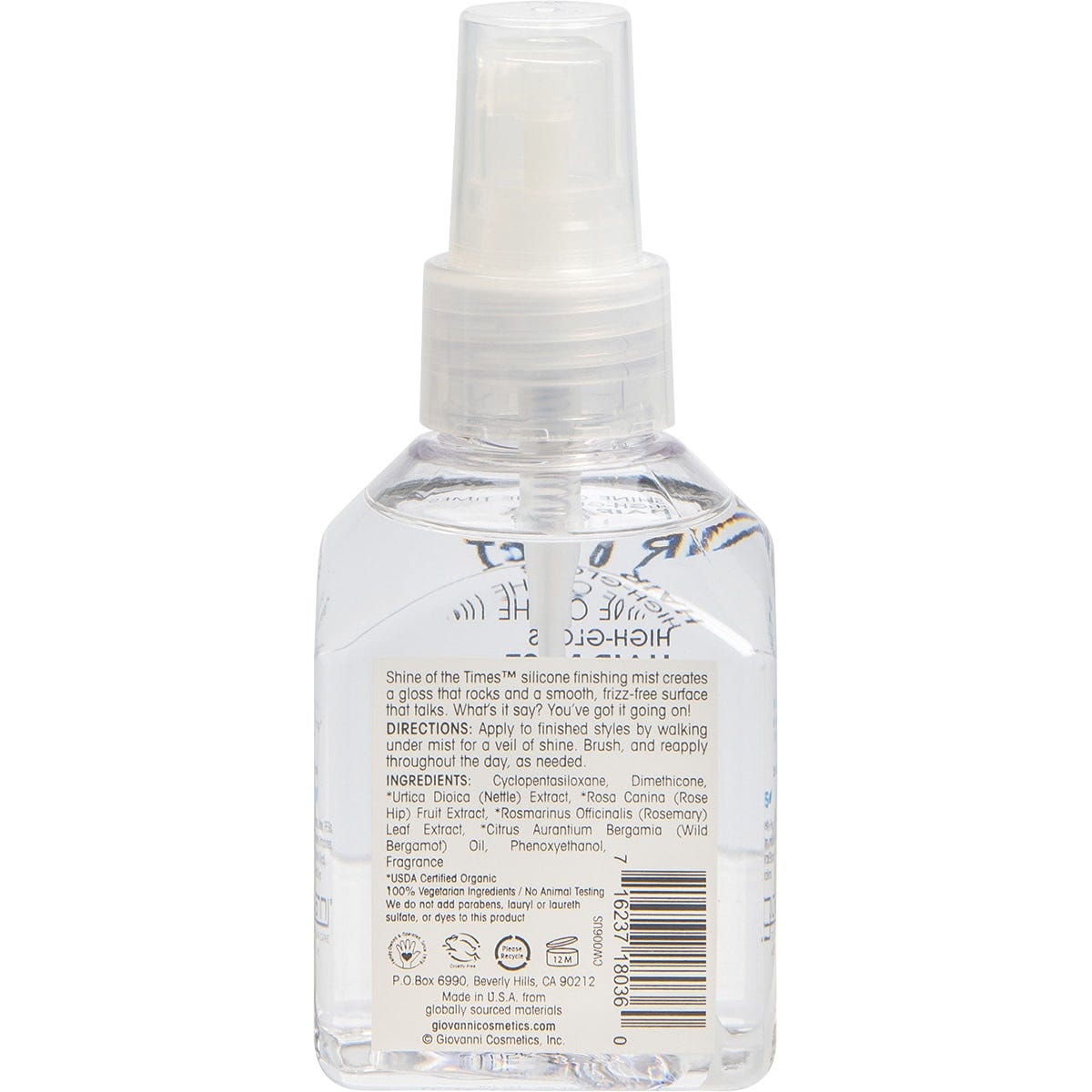 Back view of a 127ml Giovanni Shine of the Times High Gloss Hair Mist bottle with directions and ingredient list.