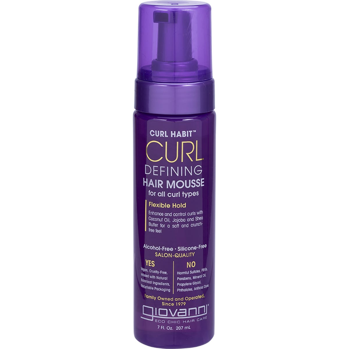 Giovanni Curl Habit Defining Hair Mousse 207ml bottle with a purple and white label featuring botanical leaf patterns.