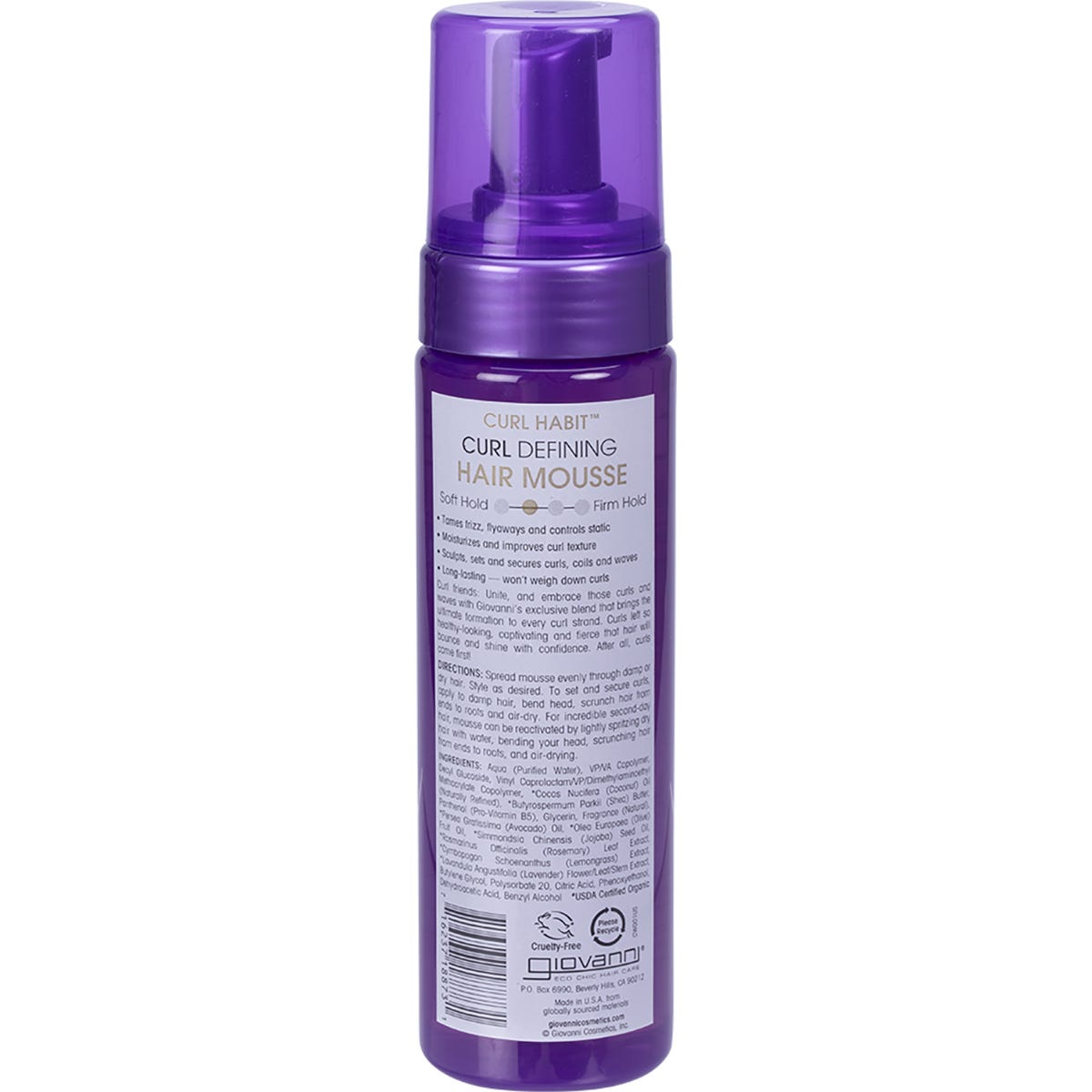Giovanni Curl Habit Defining Hair Mousse 207ml bottle with a purple pump and label on a white background.
