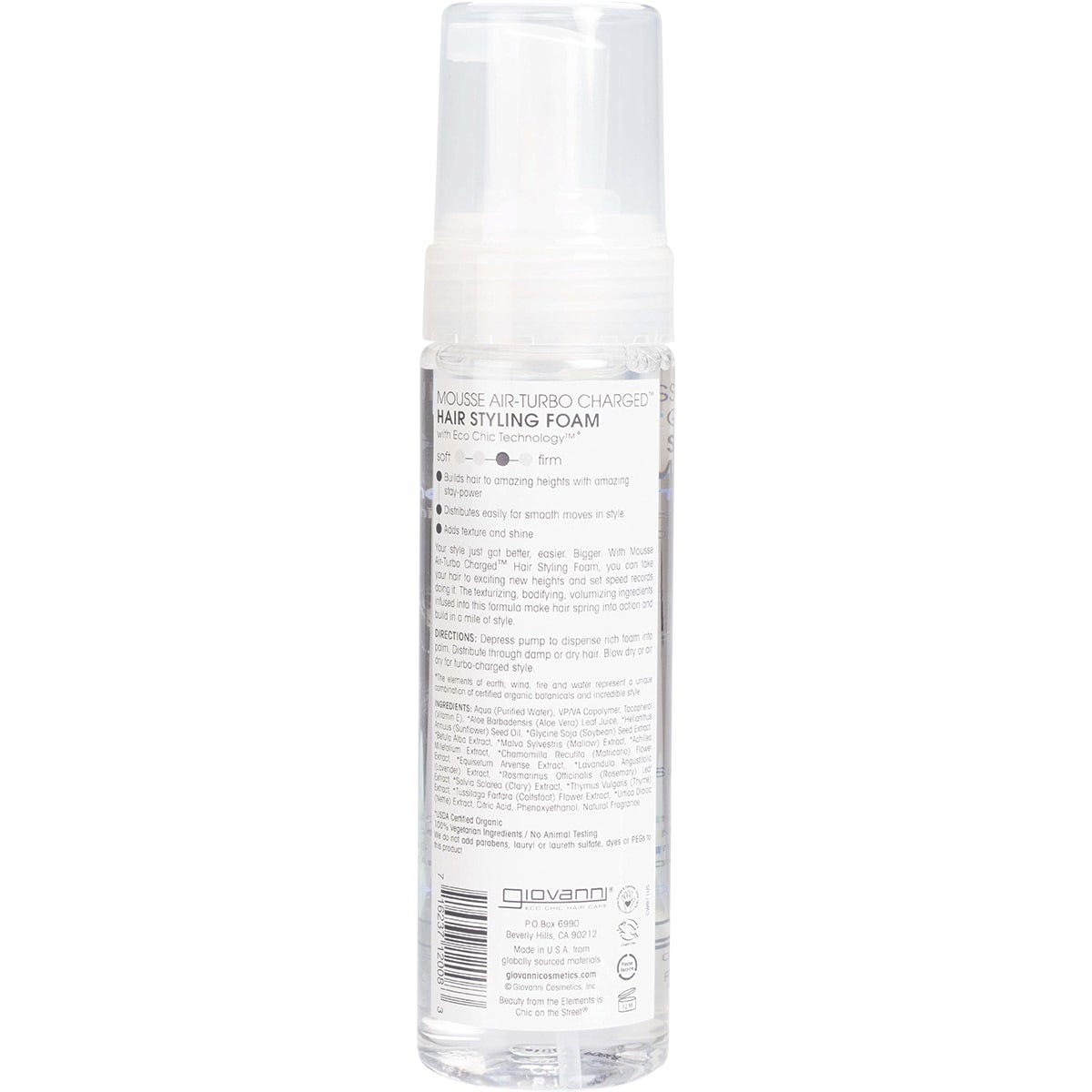 Bottle of Giovanni Air-Turbo Charged Hair Styling Foam with a pump dispenser on a white background.