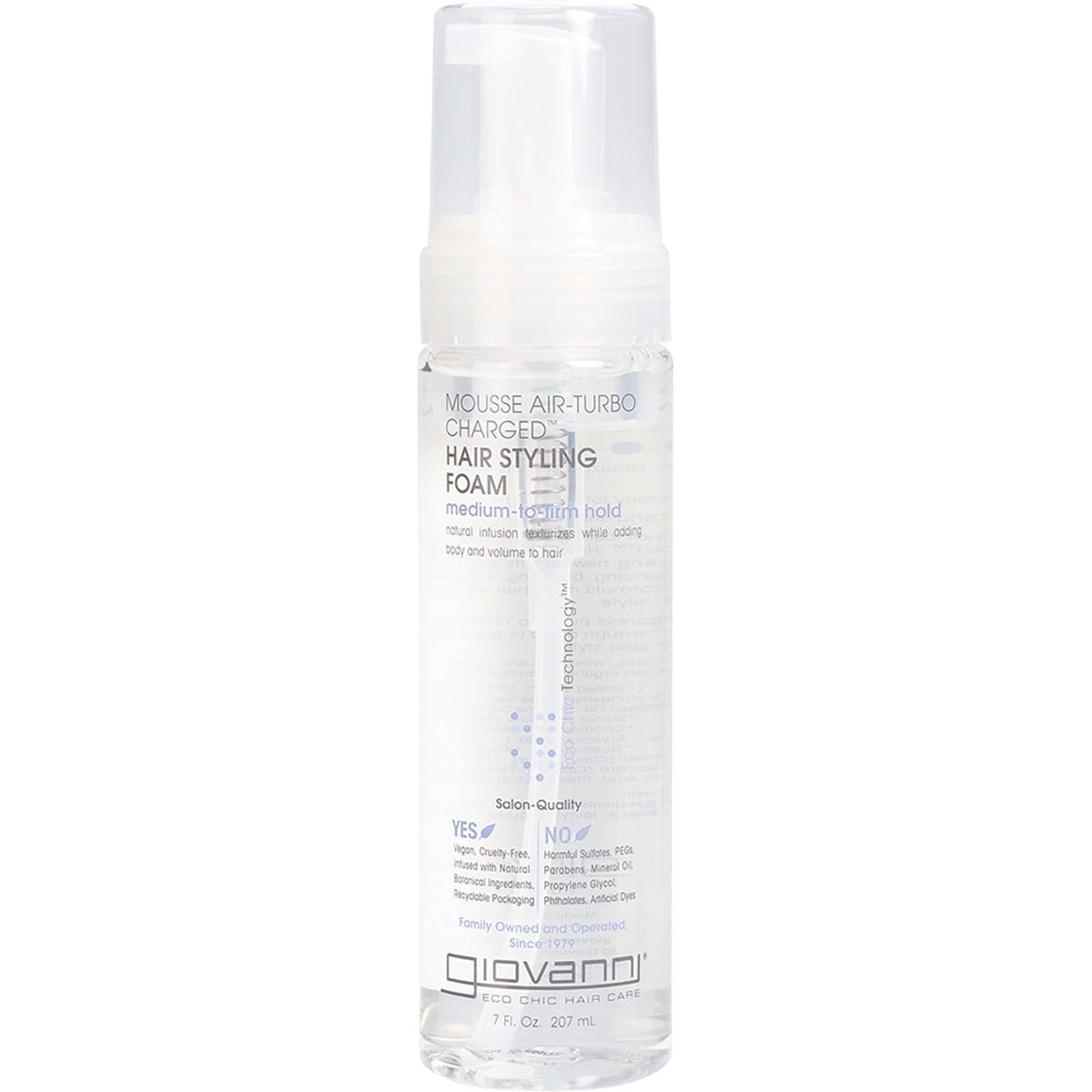 207ml bottle of Giovanni Mousse Air-Turbo Charged Hair Styling Foam with a pump dispenser and white label.