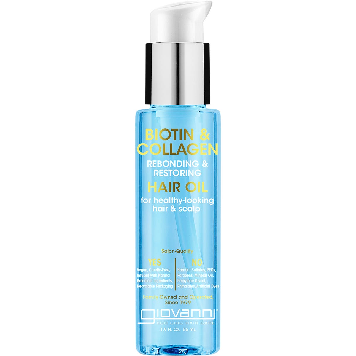 Giovanni Biotin and Collagen Hair Oil 56ml bottle with white pump and label on a clean white background.
