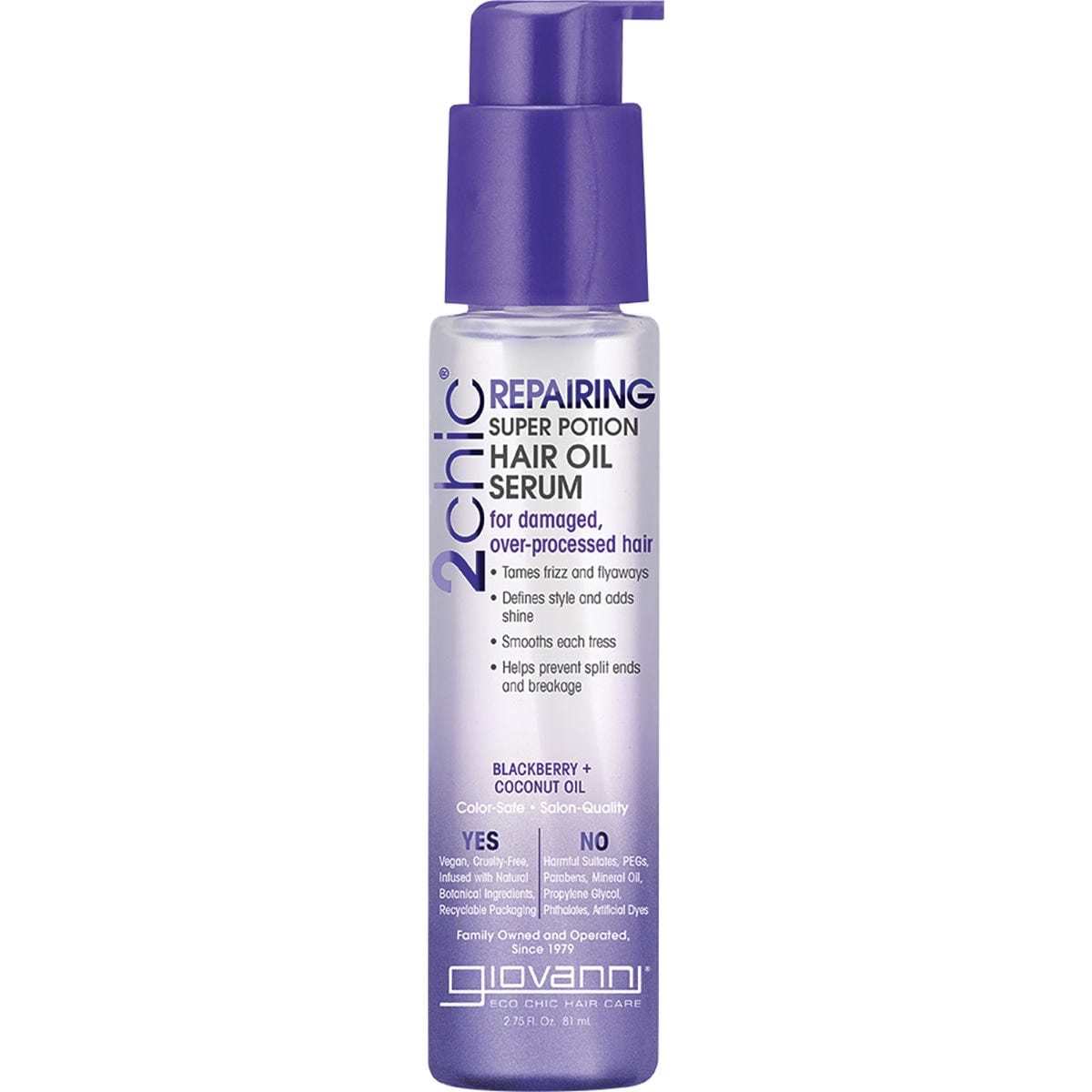 81ml bottle of Giovanni 2chic Repairing Hair Oil Serum with blackberry and coconut milk for damaged hair.