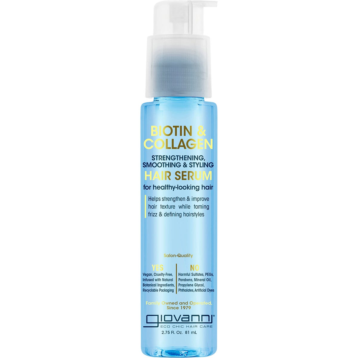 81ml bottle of Giovanni Biotin and Collagen Strengthening Hair Serum with blue and white labeling.