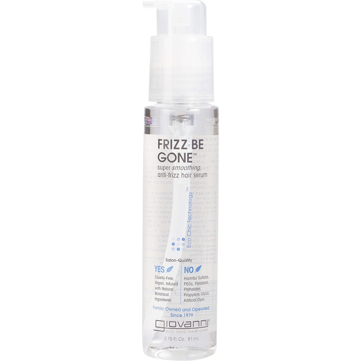 81ml bottle of Giovanni Frizz Be Gone Hair Serum with a purple label and clear pump lid on a white background.