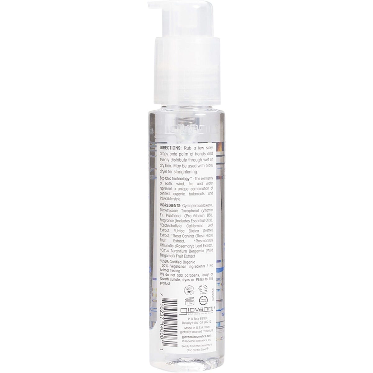 Giovanni Frizz Be Gone Hair Serum 81ml bottle with a purple label and pump dispenser on a white background.