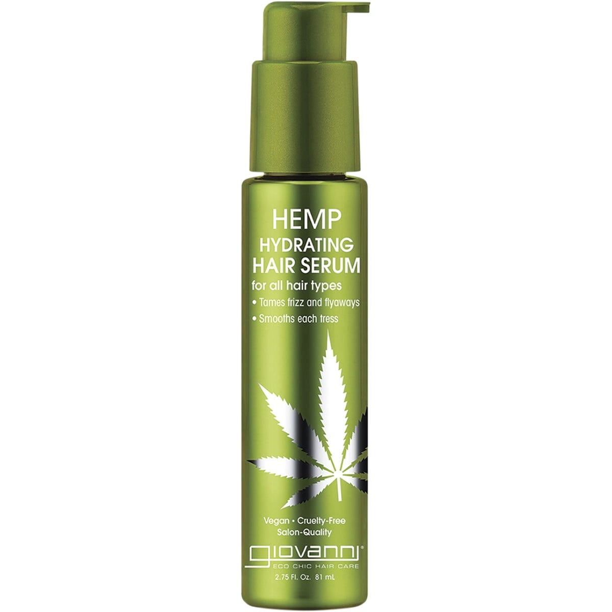 81ml bottle of Giovanni Hemp Hydrating Hair Serum with a pump dispenser and green leaf botanical illustrations.