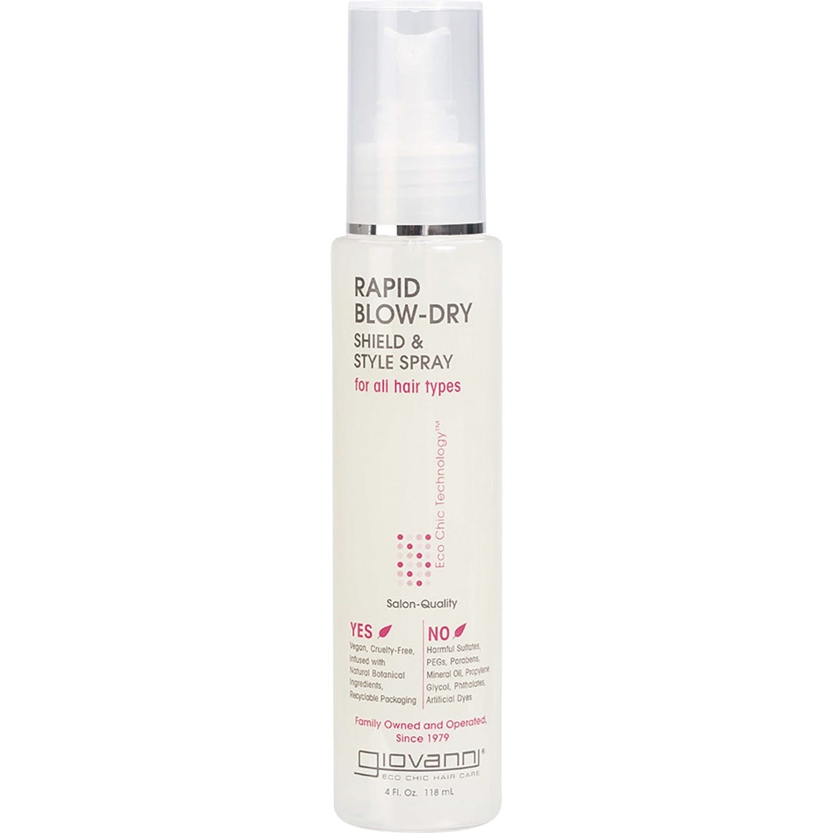 Giovanni Hair Shield and Style Spray Rapid Blow-Dry 118ml bottle with heat protection and vegan-friendly formula.