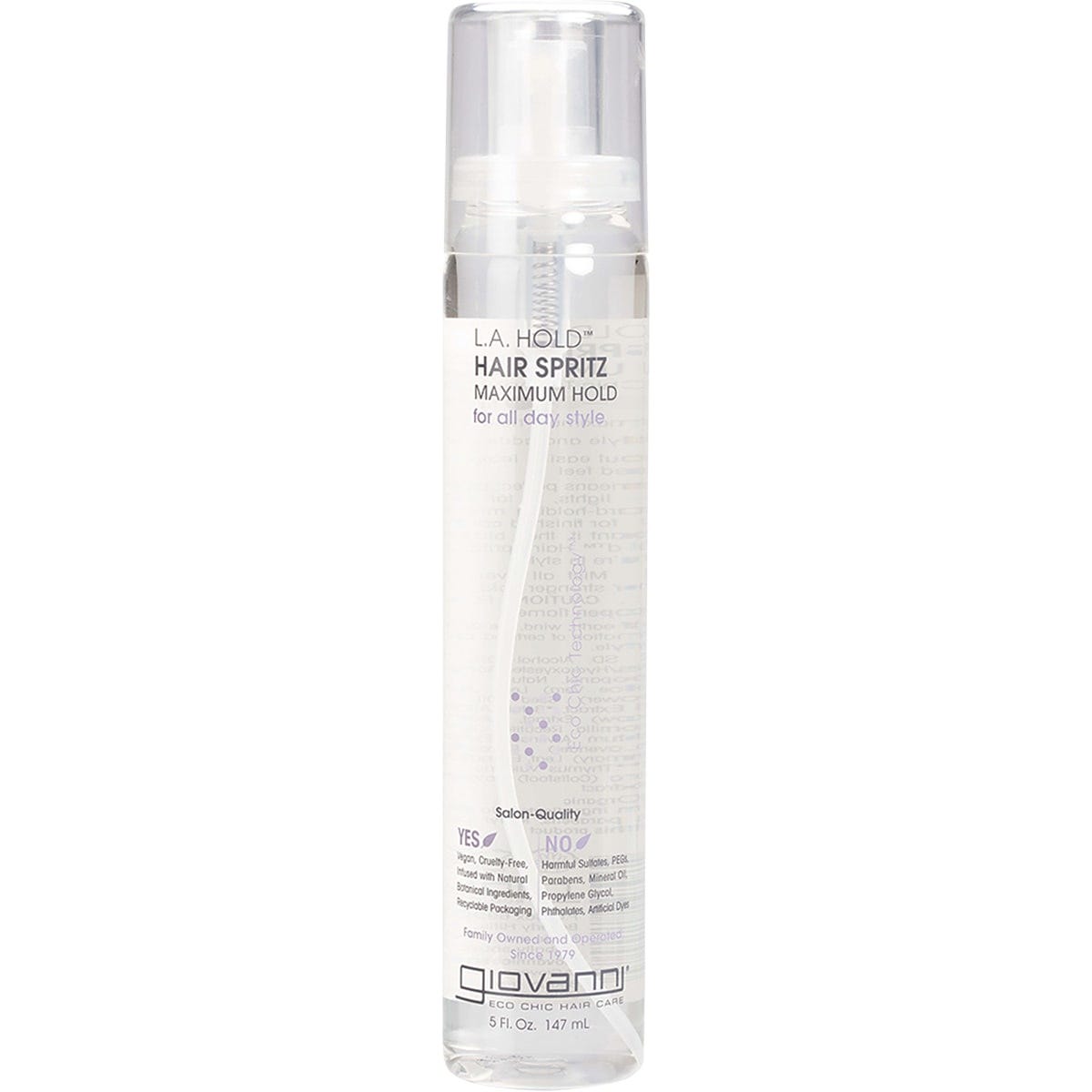 Giovanni Hair Spray L.A. Hold 147ml bottle with a purple pump and organic botanical illustrations.