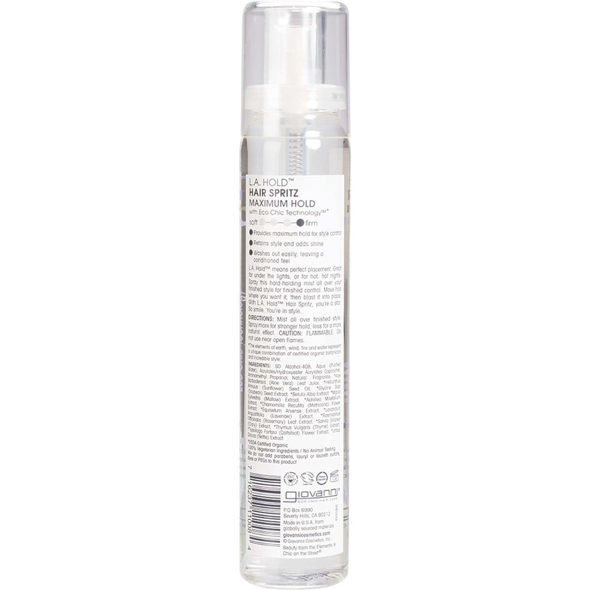 Giovanni L.A. Hold Hair Spray 147ml bottle with a purple pump and floral design on a white background.