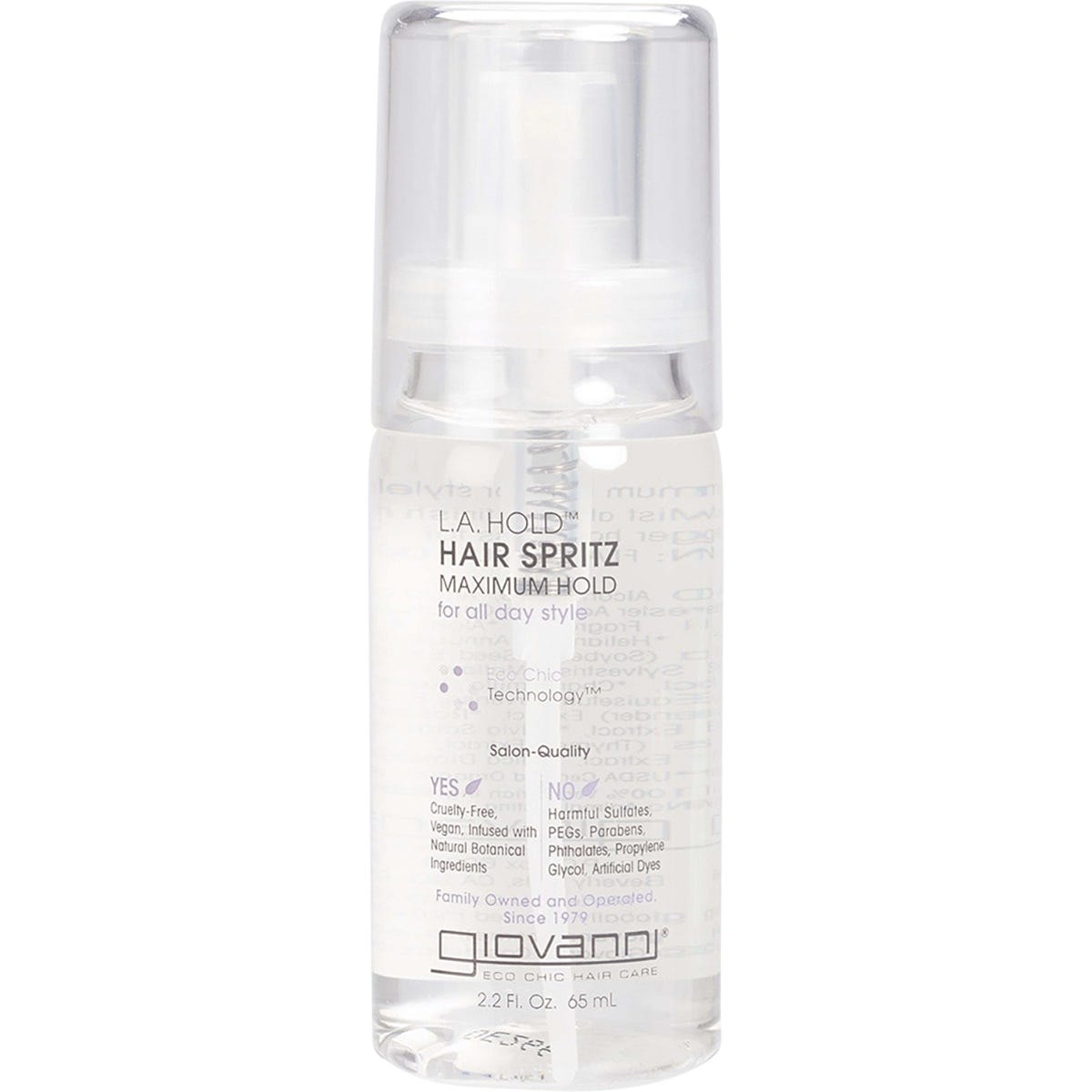 65ml bottle of Giovanni L.A. Hold Hair Spritz with a purple and white label and a clear spray cap.