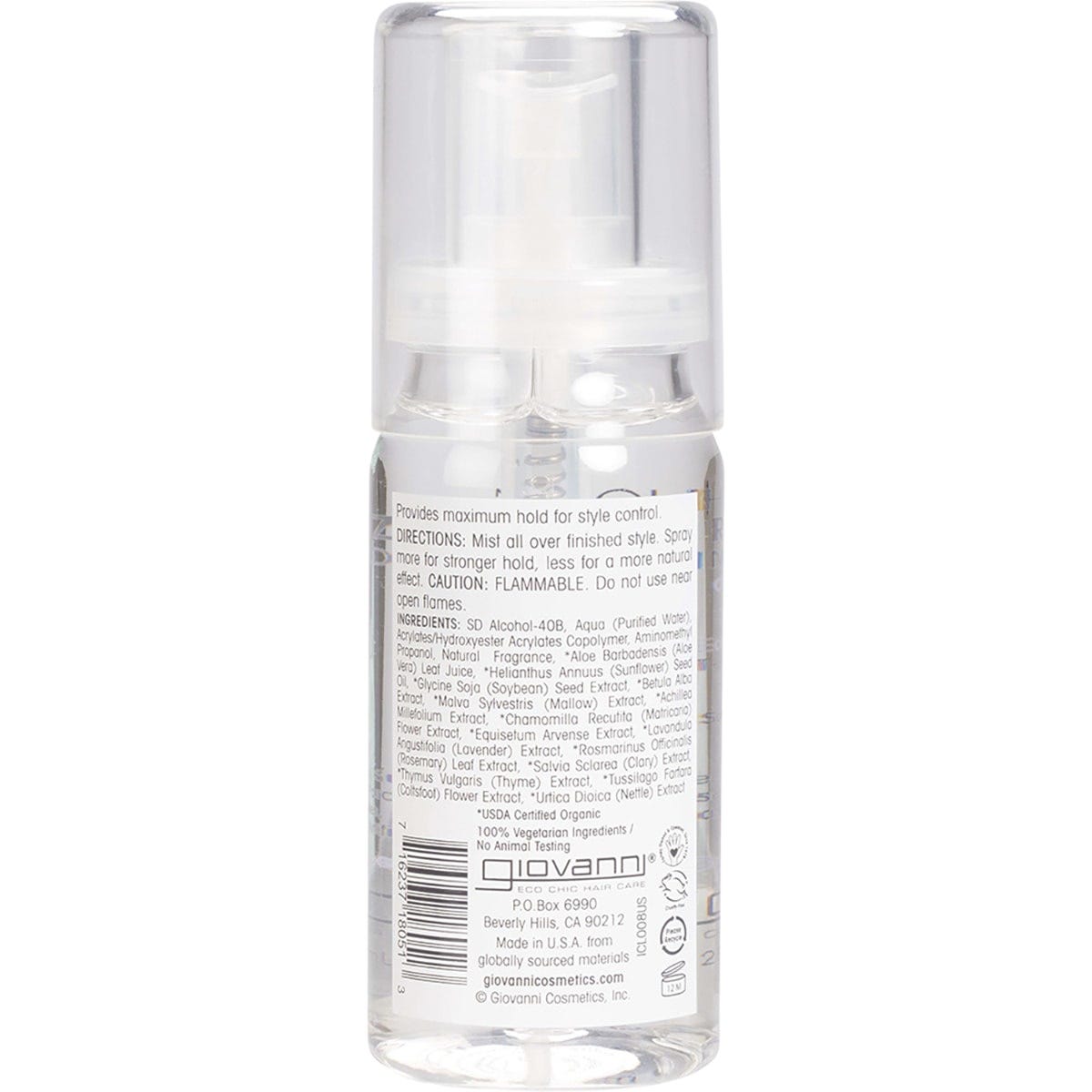 65ml bottle of Giovanni L.A. Hold Hair Spritz with a purple and white label on a white background.