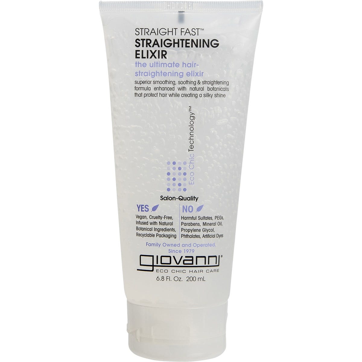 200ml bottle of Giovanni Straight Fast Straightening Elixir, a clear gel for smoothing curls and heat protection.