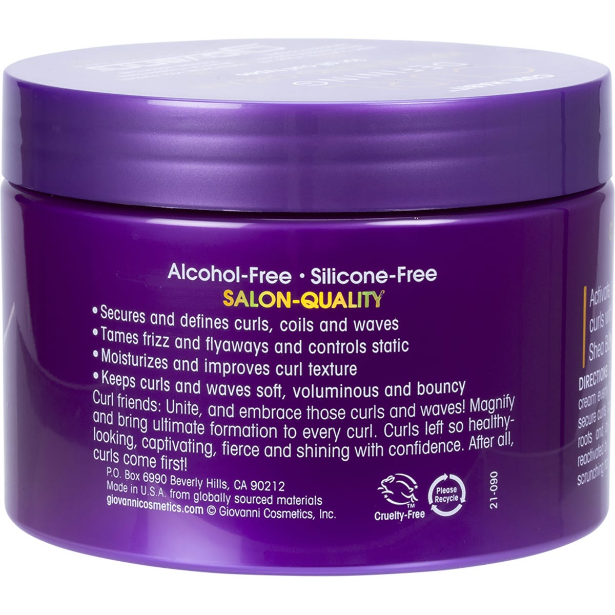 Back view of a 295ml Giovanni Curl Habit Curl Defining Hair Styling Cream bottle with product details and ingredients.