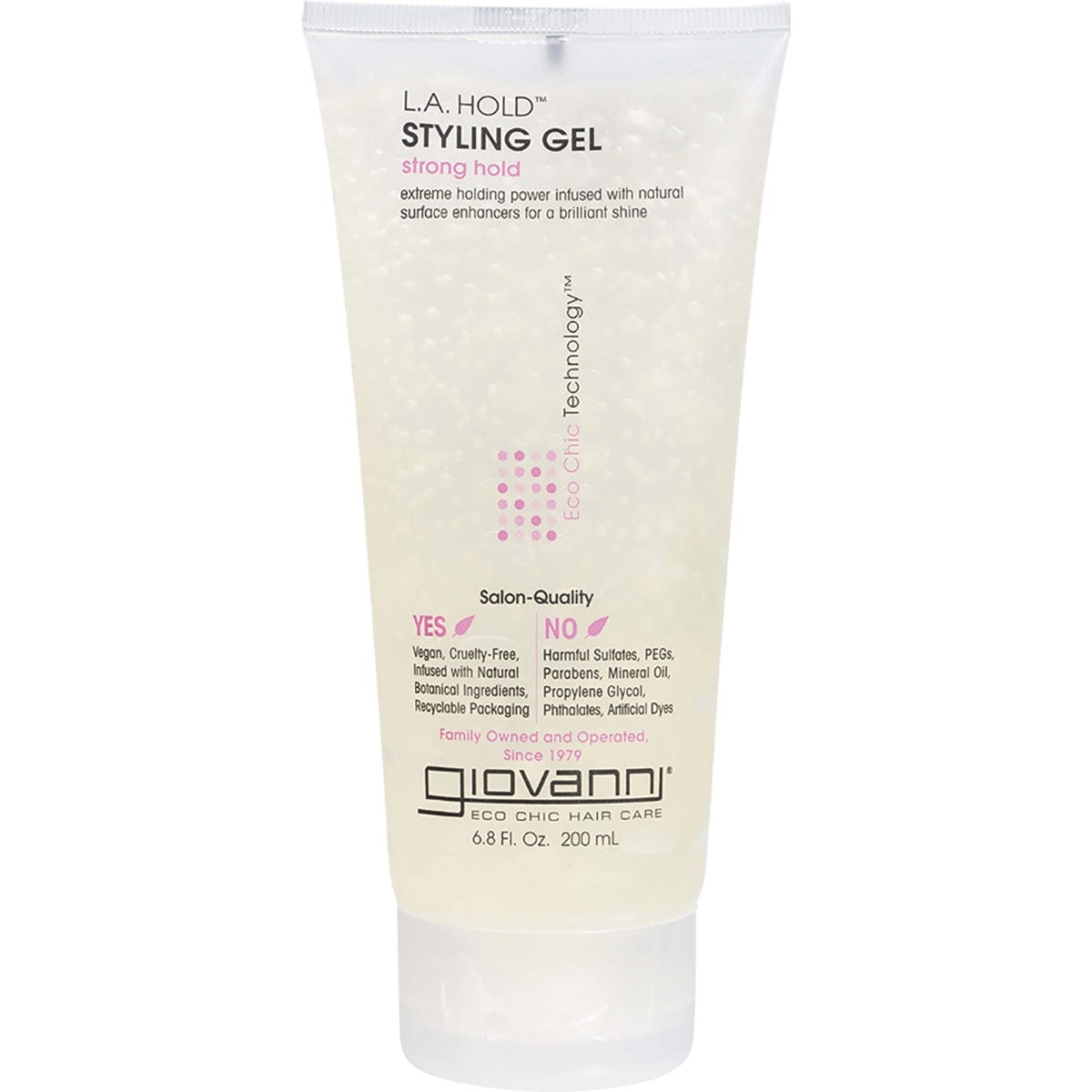 200ml tube of Giovanni L.A. Hold Hair Styling Gel with a purple and white label on a white background.