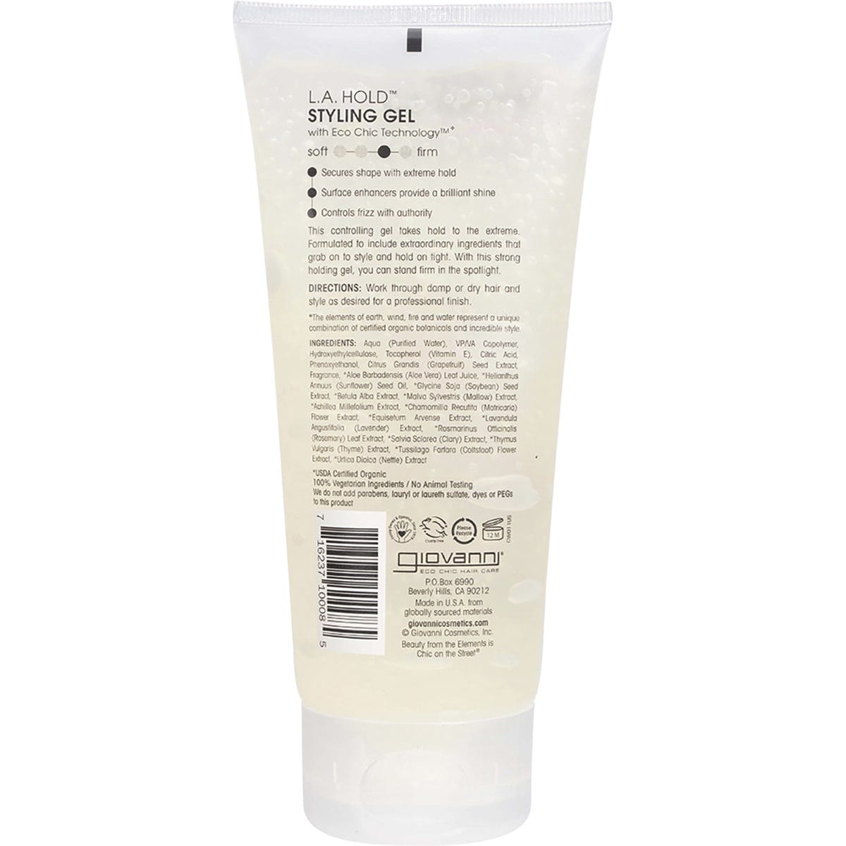 Giovanni L.A. Hold Hair Styling Gel 200ml tube featuring purple and white branding on a white background.