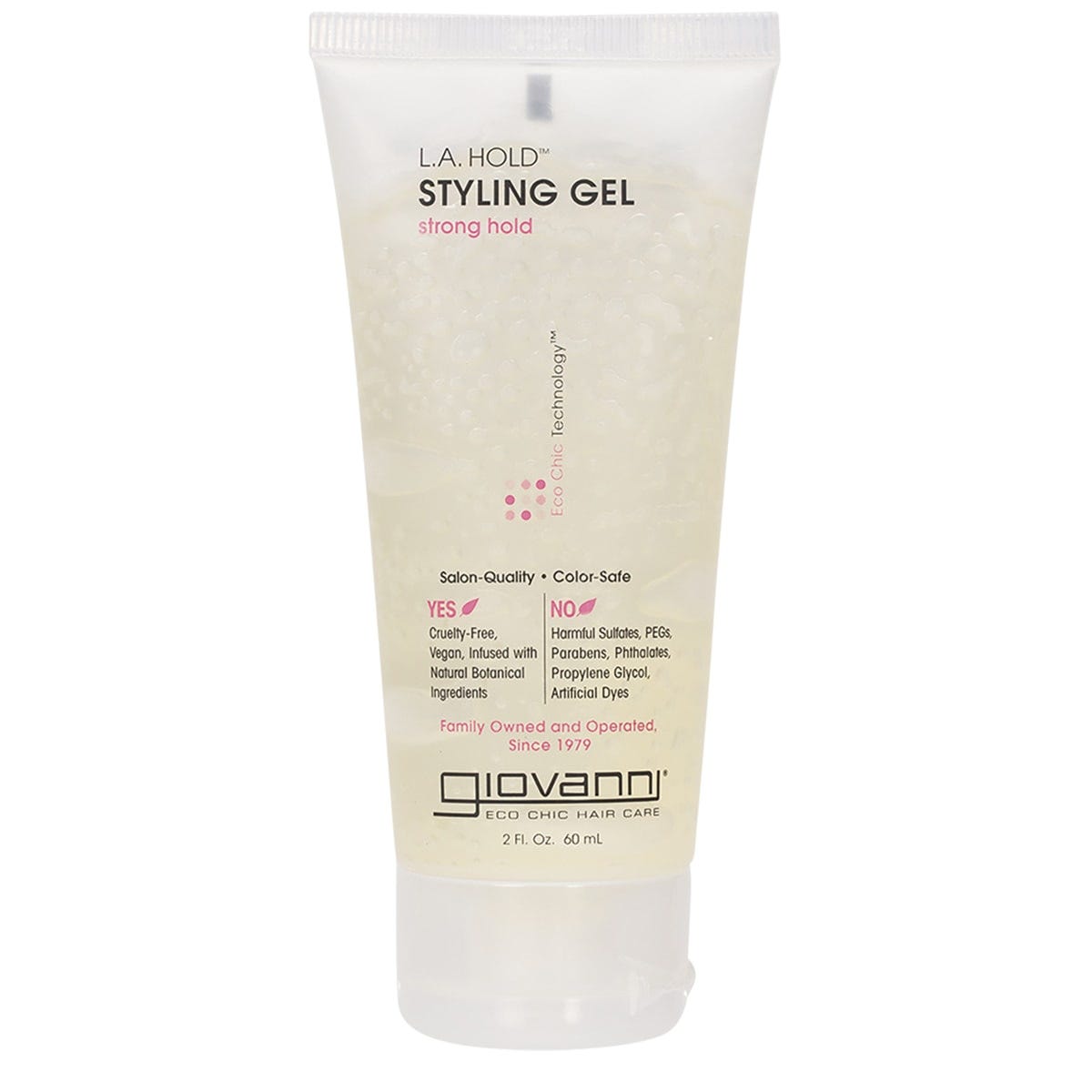 60ml tube of Giovanni L.A. Natural Styling Gel with a purple and white label, featuring strong hold for all hair types.