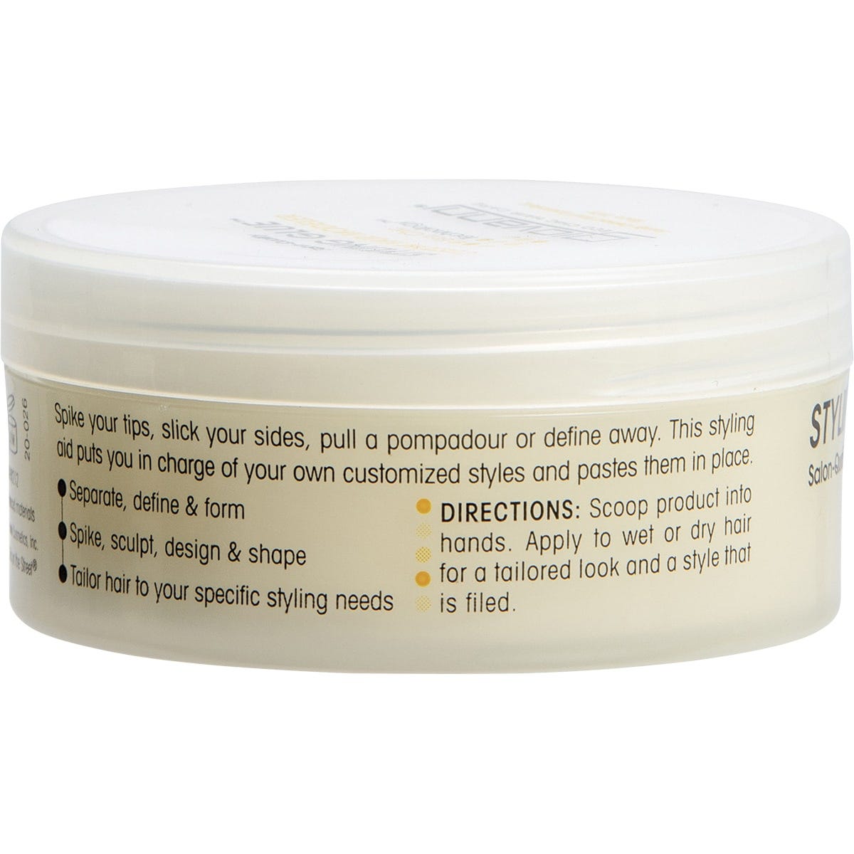 Side view of a Giovanni Hair Styling Glue tube showing directions for use and product benefits on a white background.
