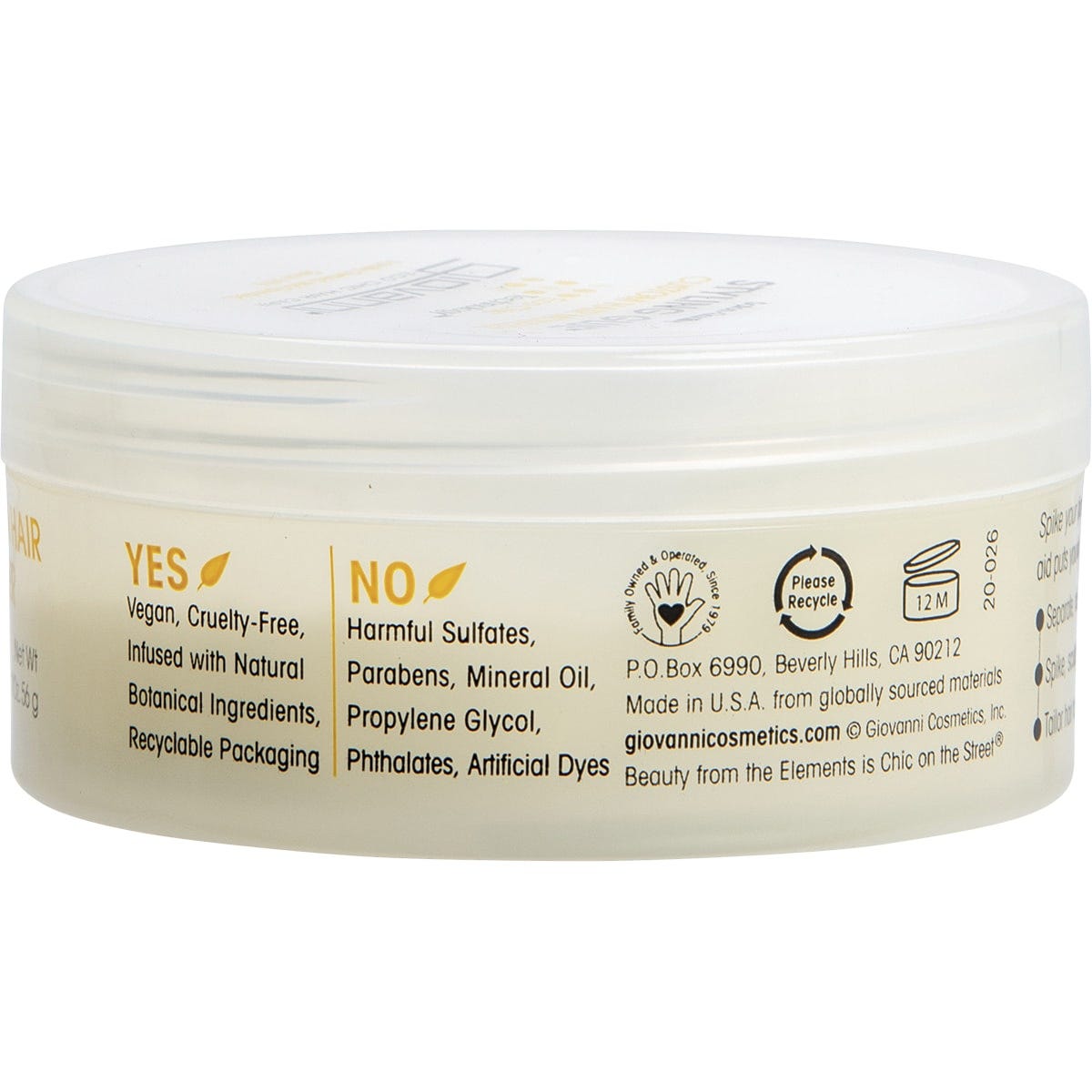 Back of Giovanni Hair Styling Glue 57g tube with ingredients, directions, and a USDA Organic logo.