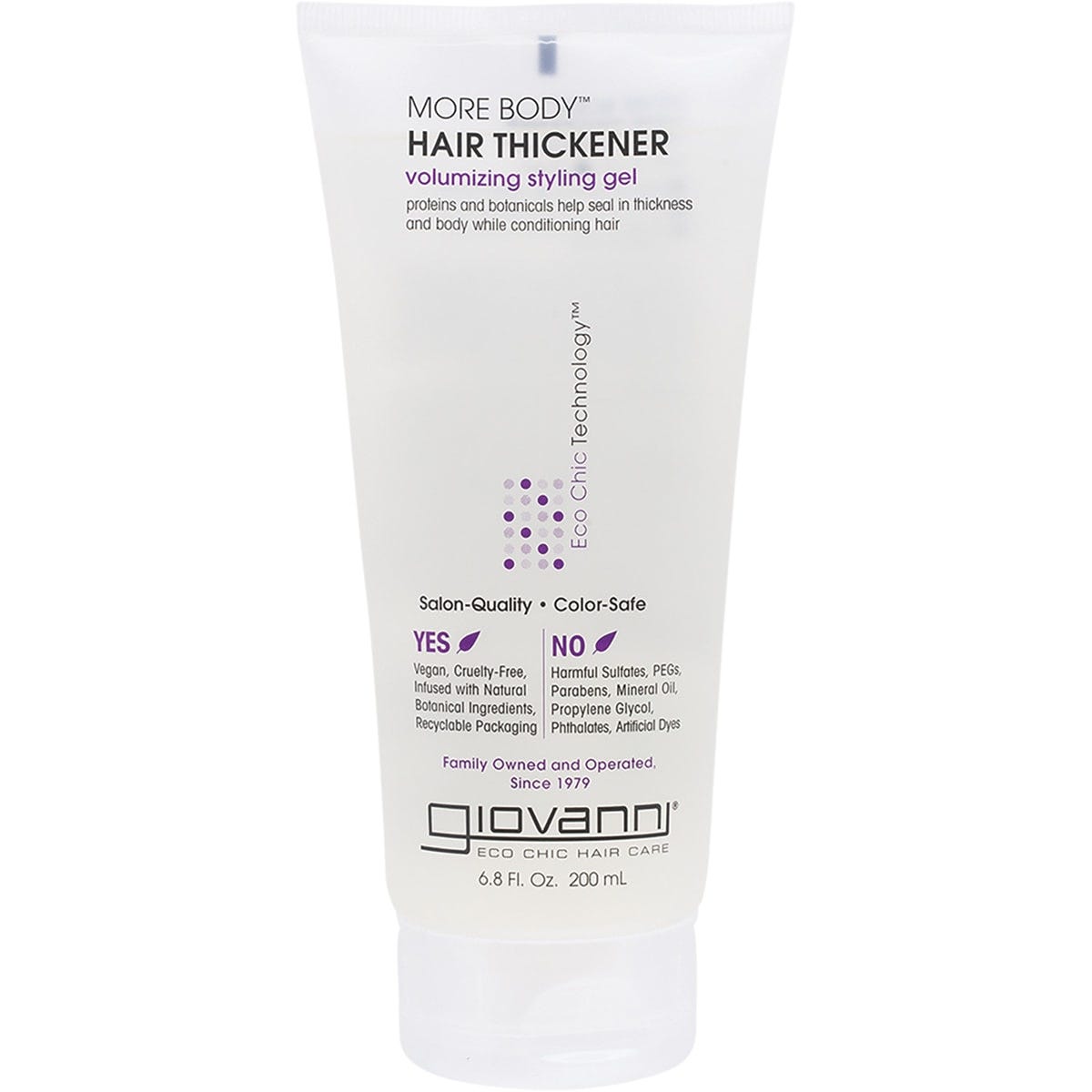 200ml bottle of Giovanni More Body Hair Thickener, a volumizing styling gel for fine or thinning hair.