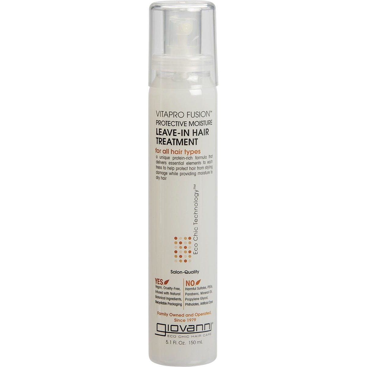 150ml bottle of Giovanni Vitapro Fusion Protective Moisture Leave-In Hair Treatment with a spray nozzle and clear cap.