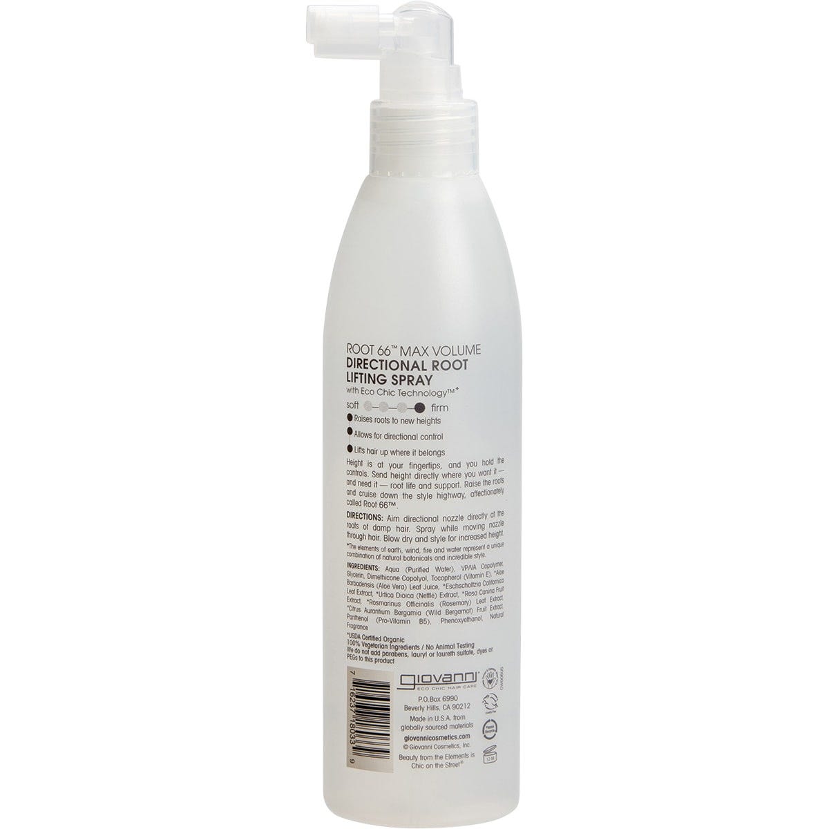 Giovanni Root 66 Max Volume Root Lifting Spray 250ml clear bottle with directional nozzle on a white background.