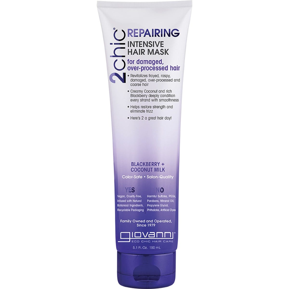 Giovanni 2chic Repairing Intensive Hair Mask 150ml tube with blackberry and coconut milk for damaged hair.
