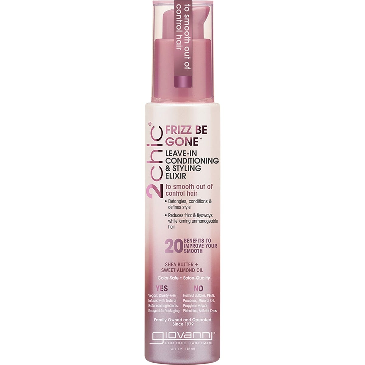 118ml Giovanni 2chic Frizz Be Gone Leave-In Conditioner bottle with shea butter and sweet almond oil on a white background.
